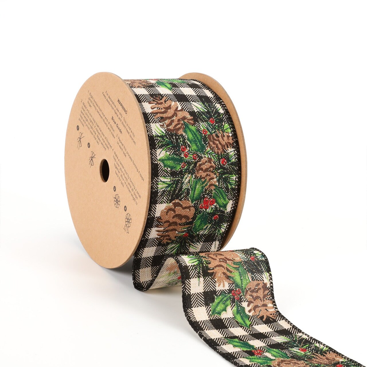 LaRibbons 2-1/2" Printed Wired Ribbon | White/Black Check w/ Pinecone | 10 Yard Roll